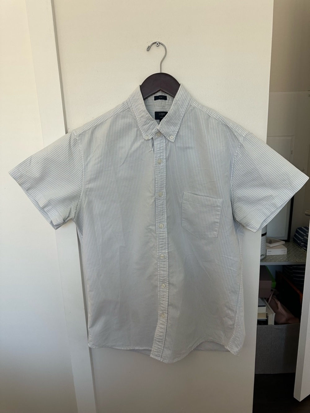 J.Crew Slim Oxford Shirt Mens Large Blue White Stripe Short Sleeve Button Down